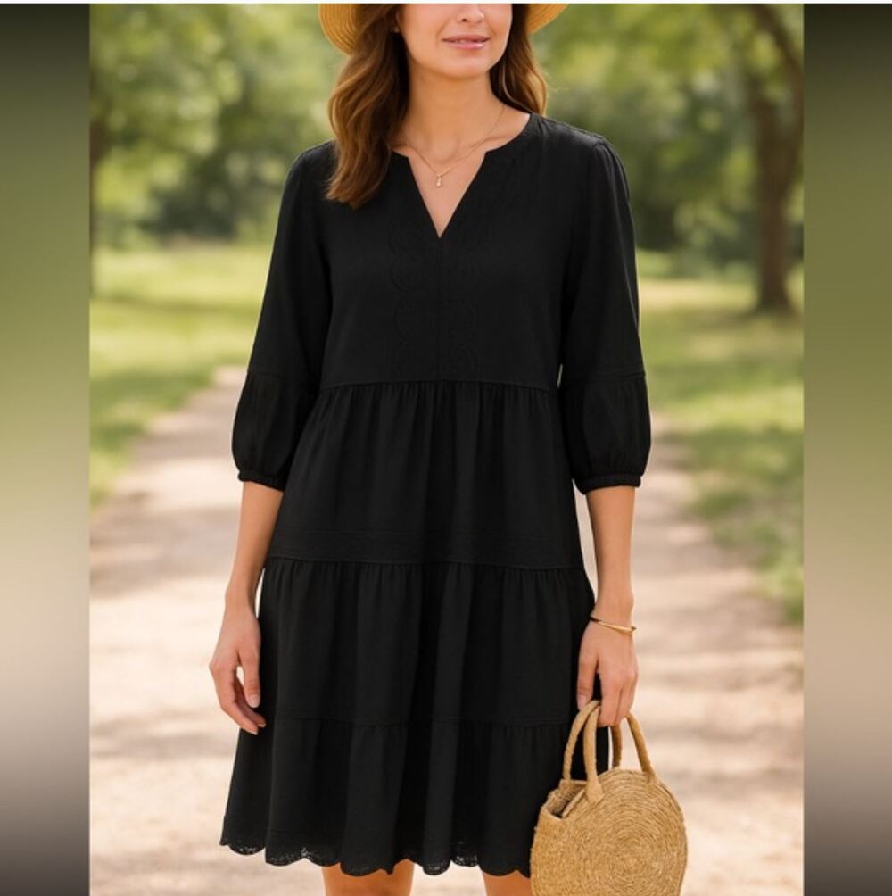Chico's Women Black Poplin Tiered Mini Dress Black Embroidered Notch Neck 1 8/10